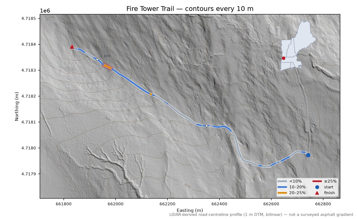 Fire Tower Trail LiDAR hillshade map with contours