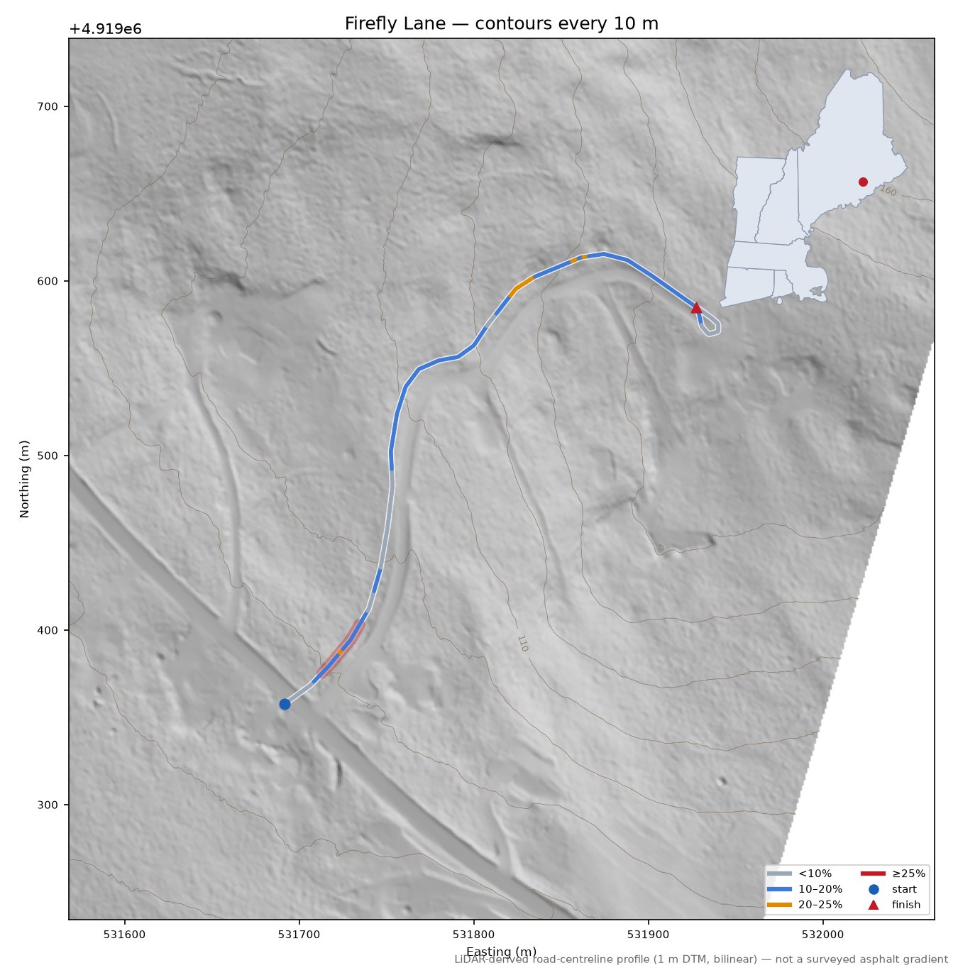 Firefly Lane LiDAR hillshade map with contours