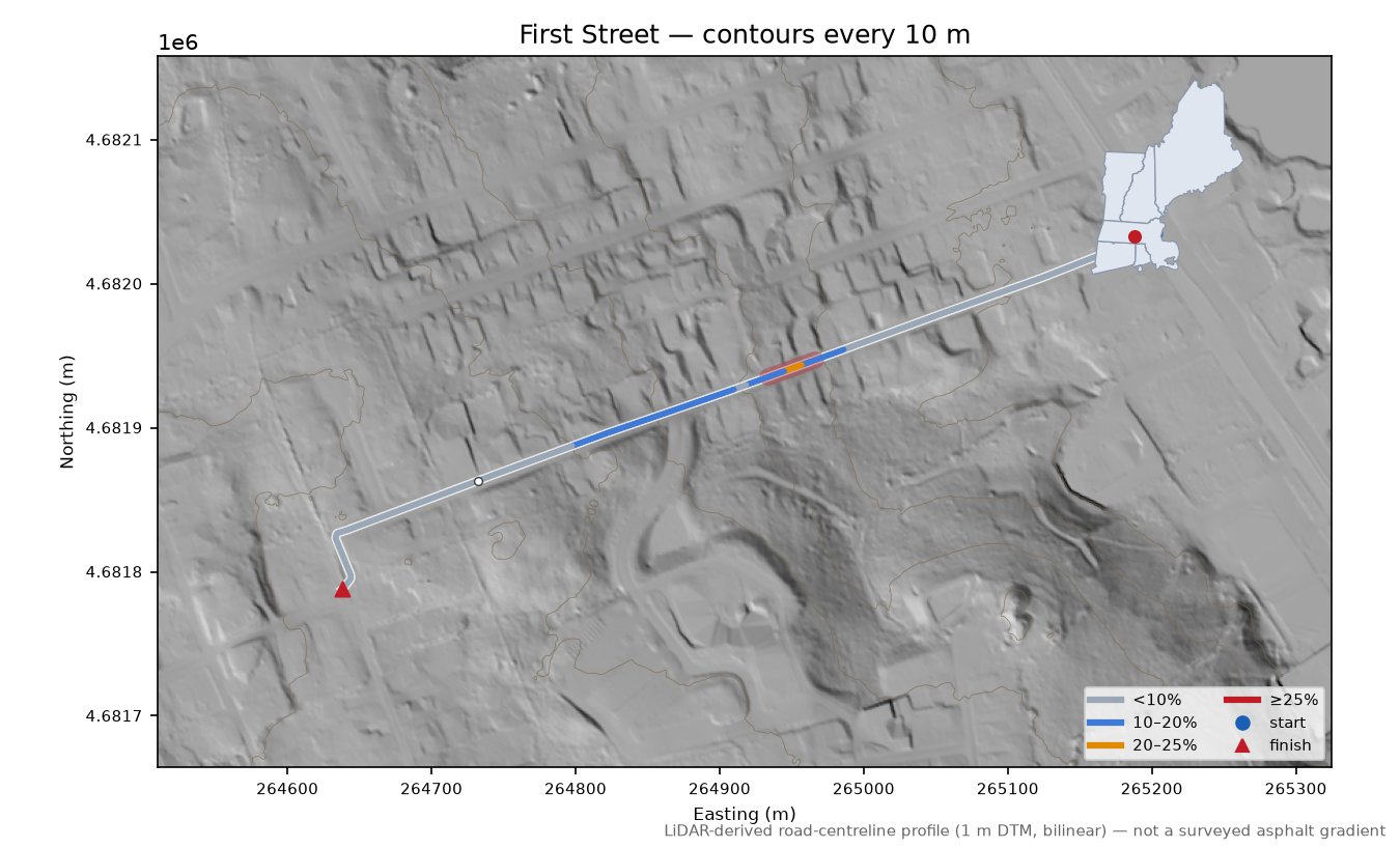 First Street LiDAR hillshade map with contours