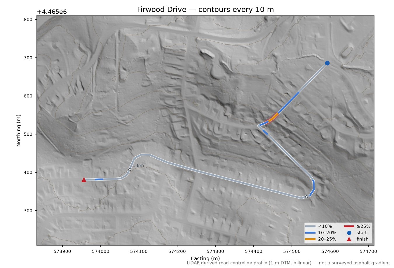 Firwood Drive LiDAR hillshade map with contours