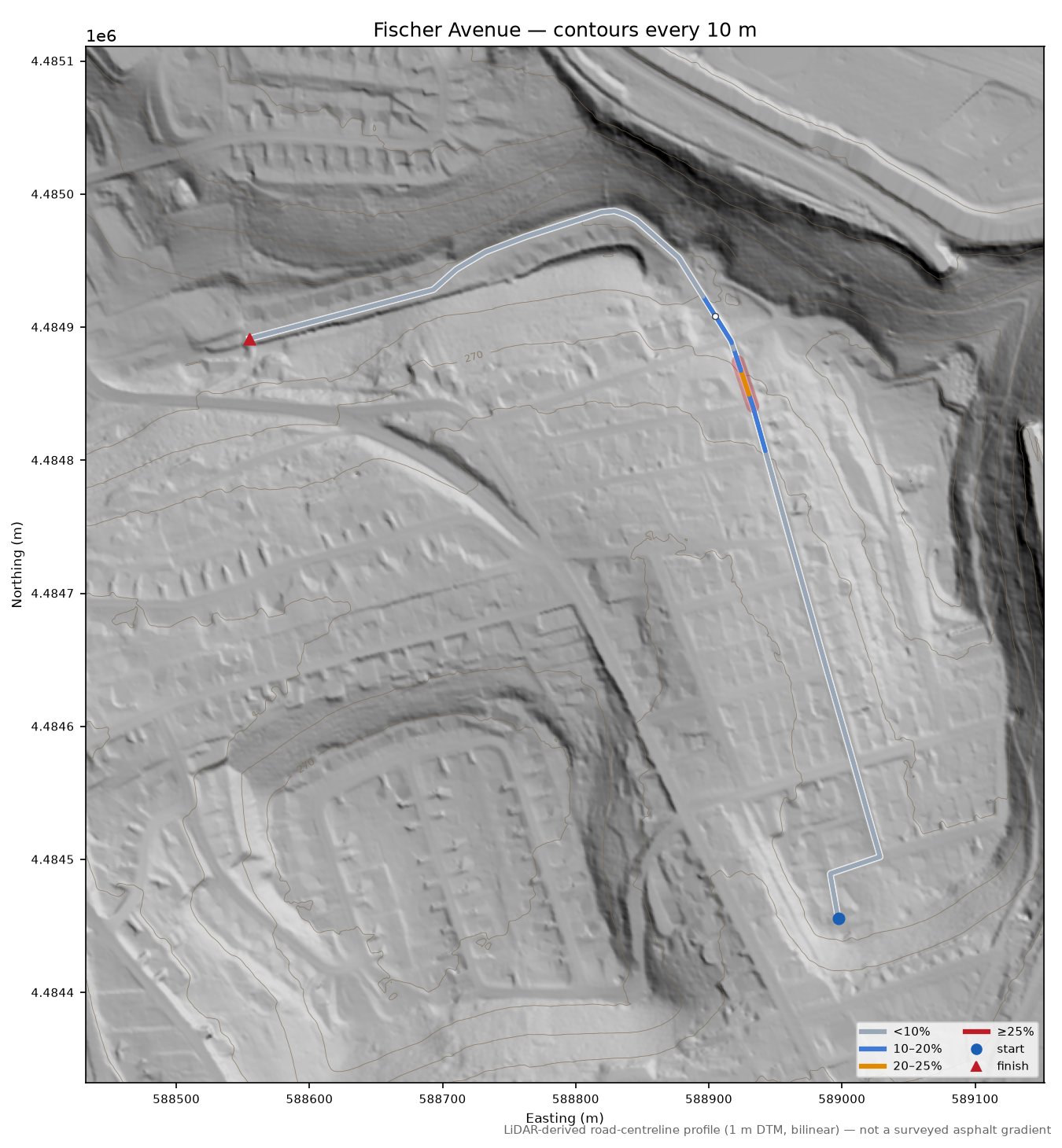 Fischer Avenue LiDAR hillshade map with contours