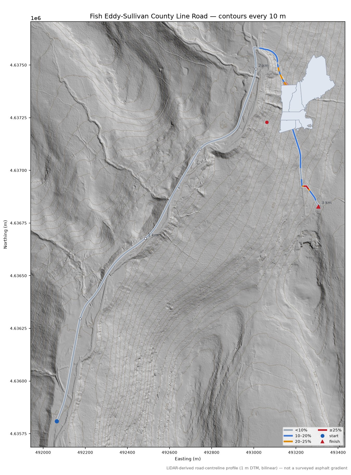 Fish Eddy-Sullivan County Line Road LiDAR hillshade map with contours