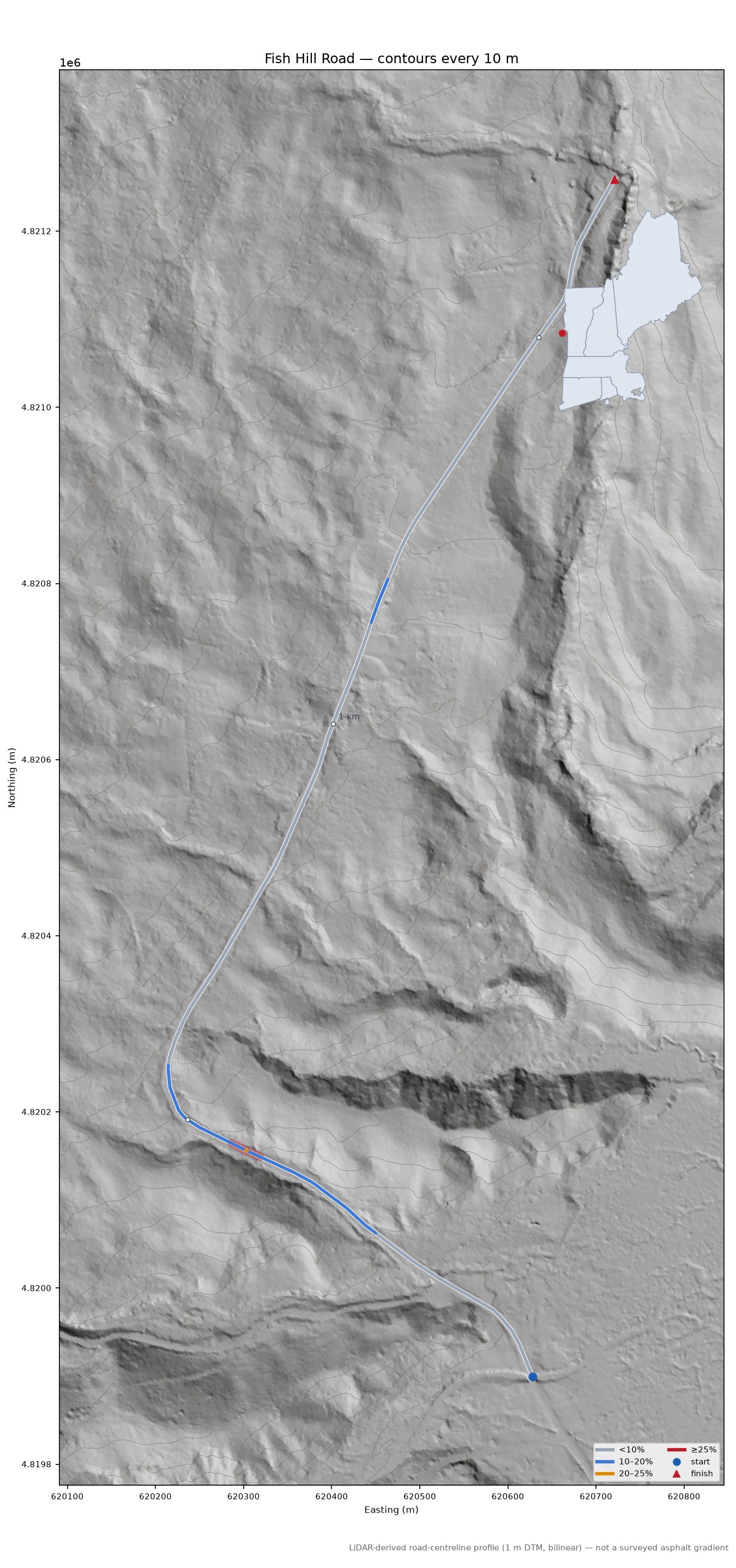 Fish Hill Road LiDAR hillshade map with contours