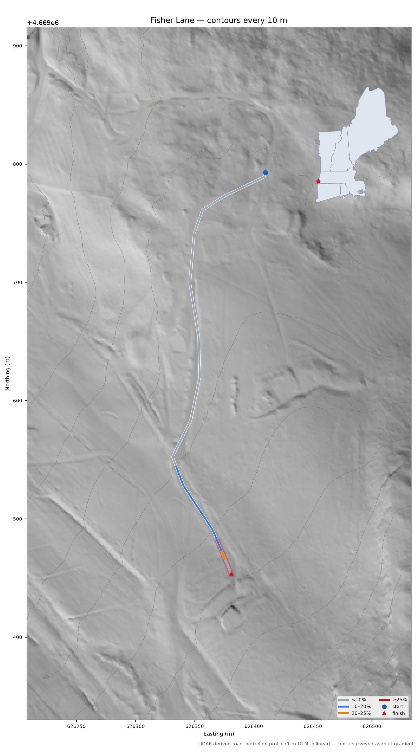 Fisher Lane LiDAR hillshade map with contours