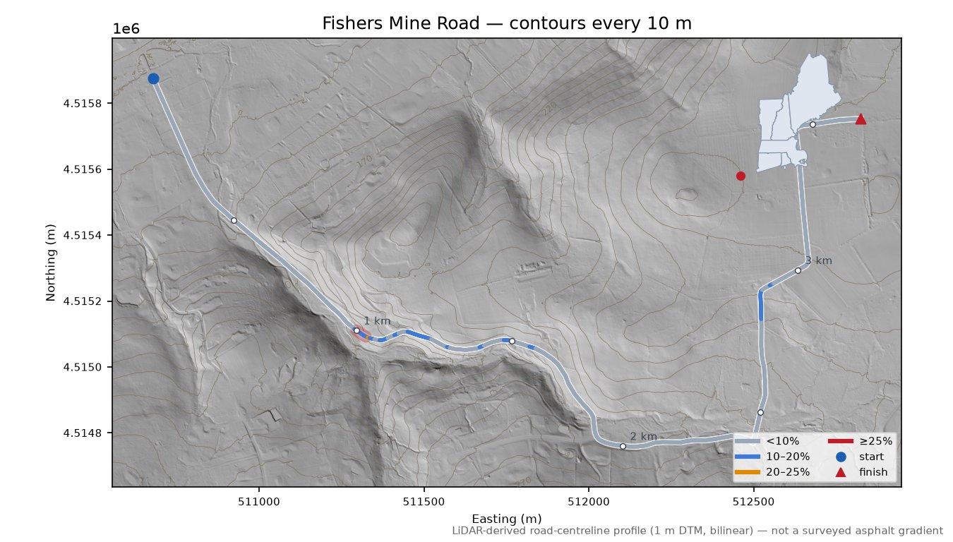 Fishers Mine Road LiDAR hillshade map with contours
