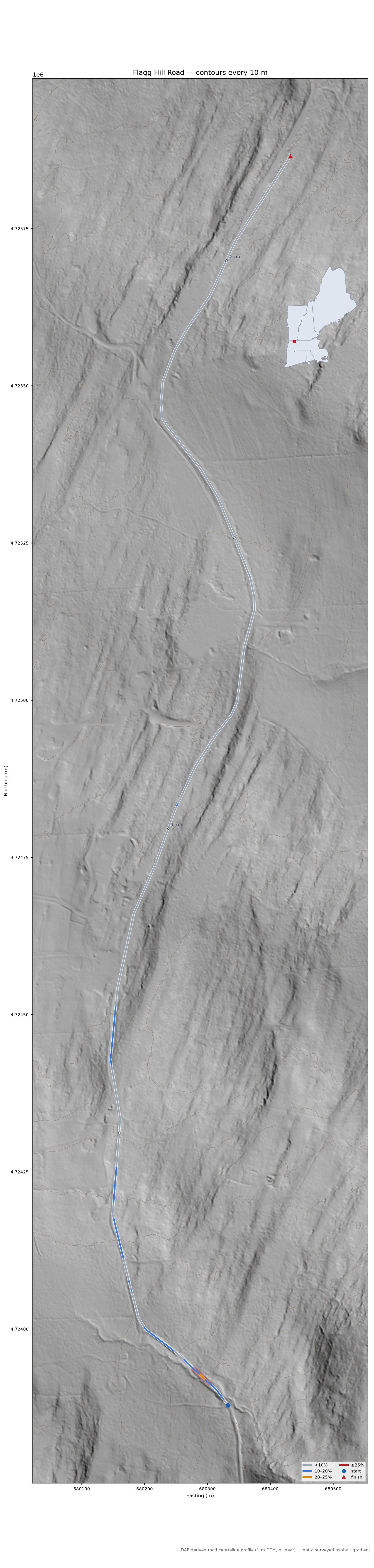 Flagg Hill Road LiDAR hillshade map with contours