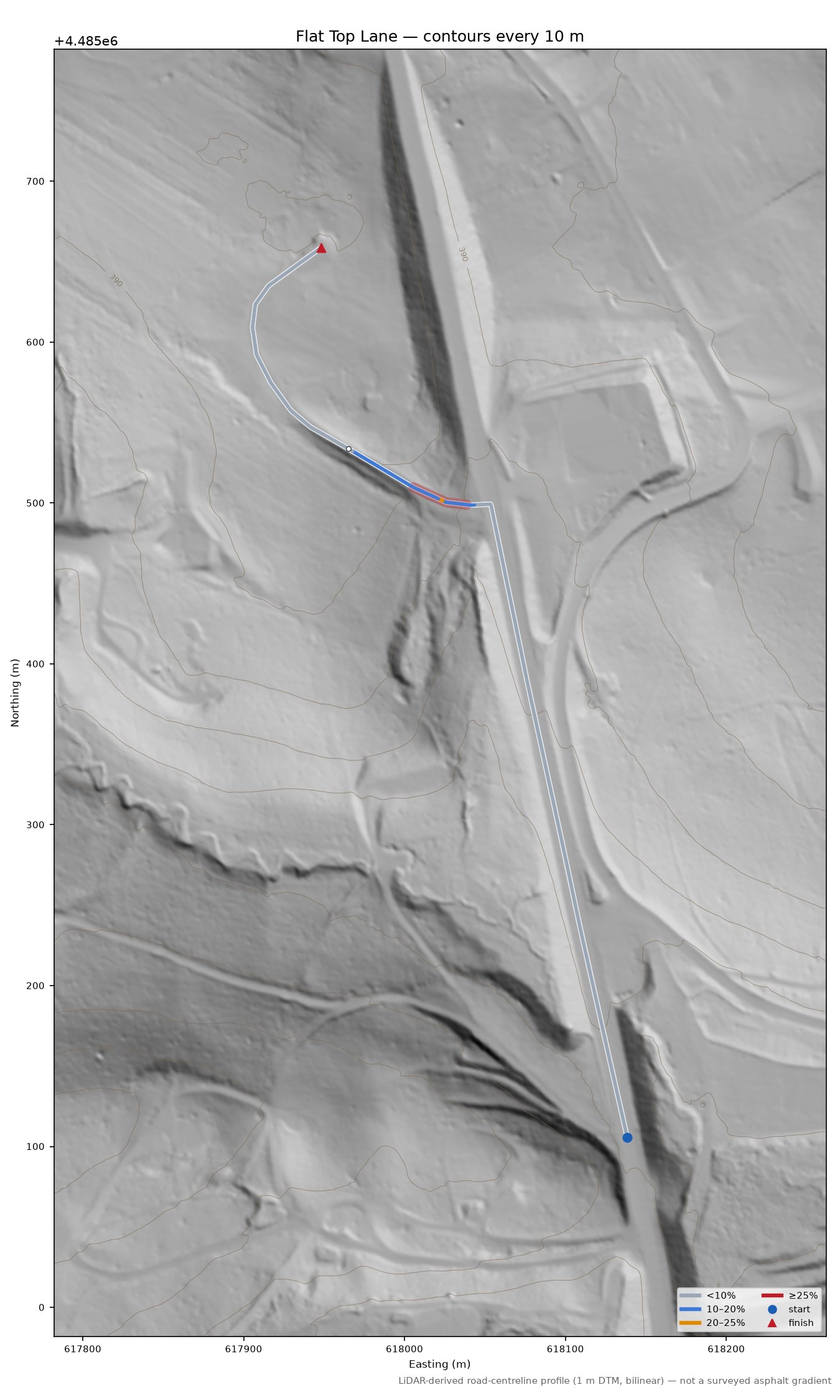 Flat Top Lane LiDAR hillshade map with contours
