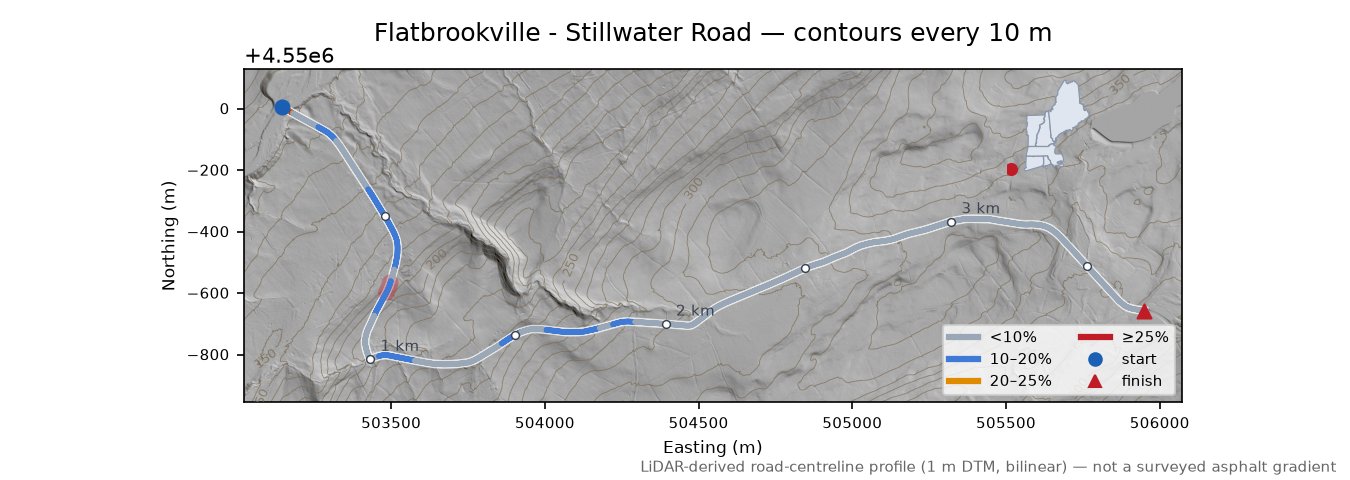 Flatbrookville - Stillwater Road LiDAR hillshade map with contours