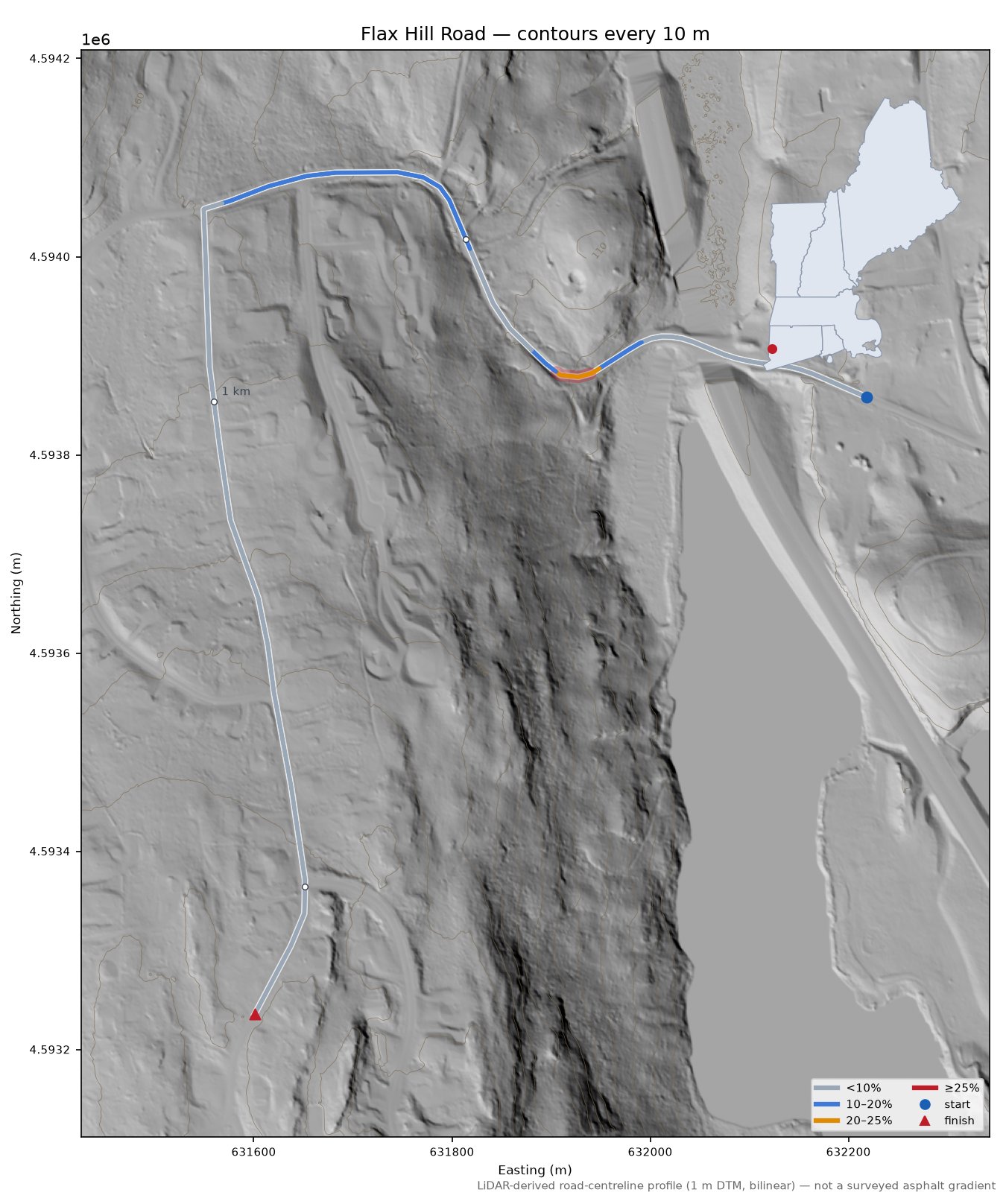 Flax Hill Road LiDAR hillshade map with contours
