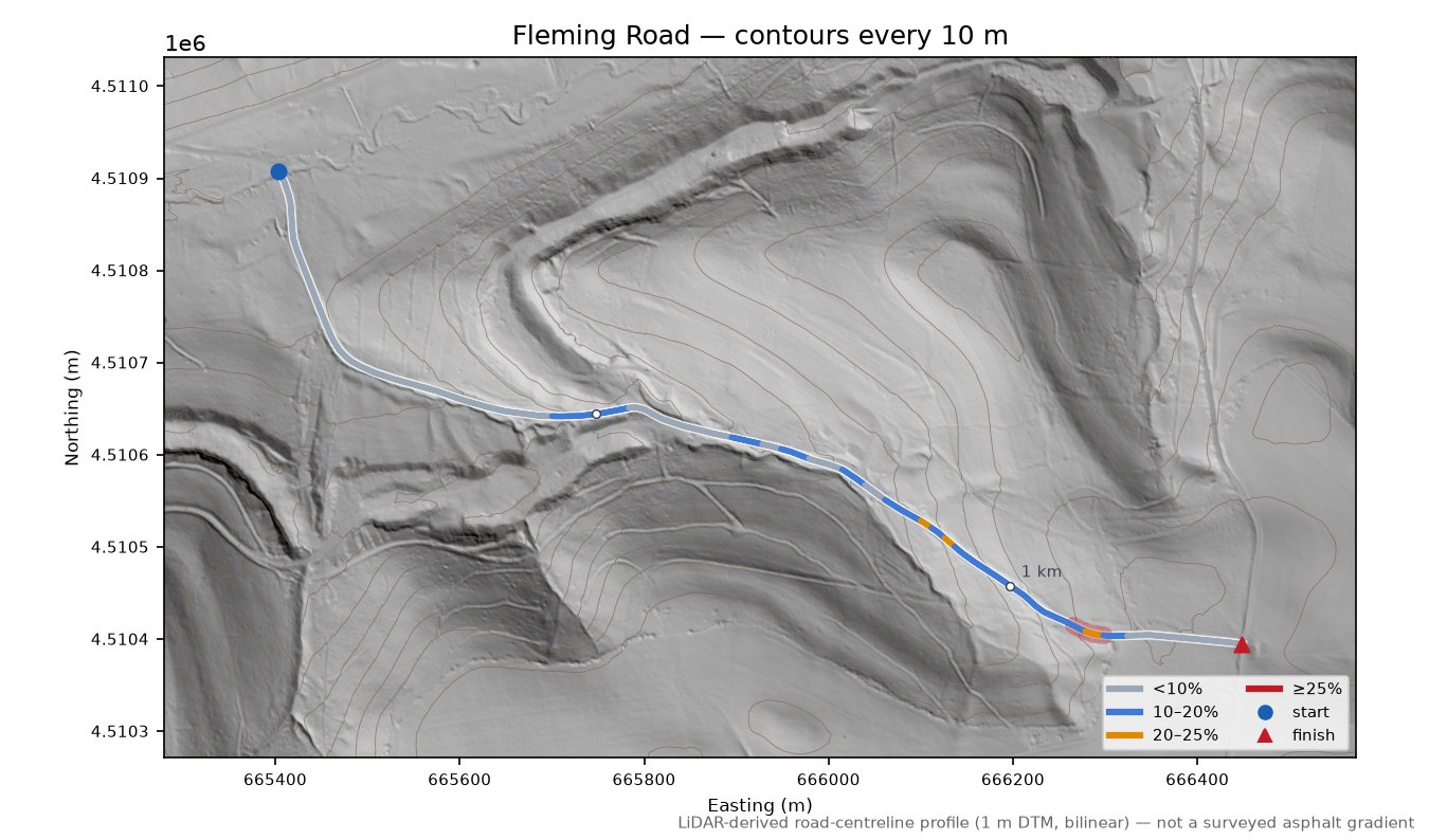 Fleming Road LiDAR hillshade map with contours