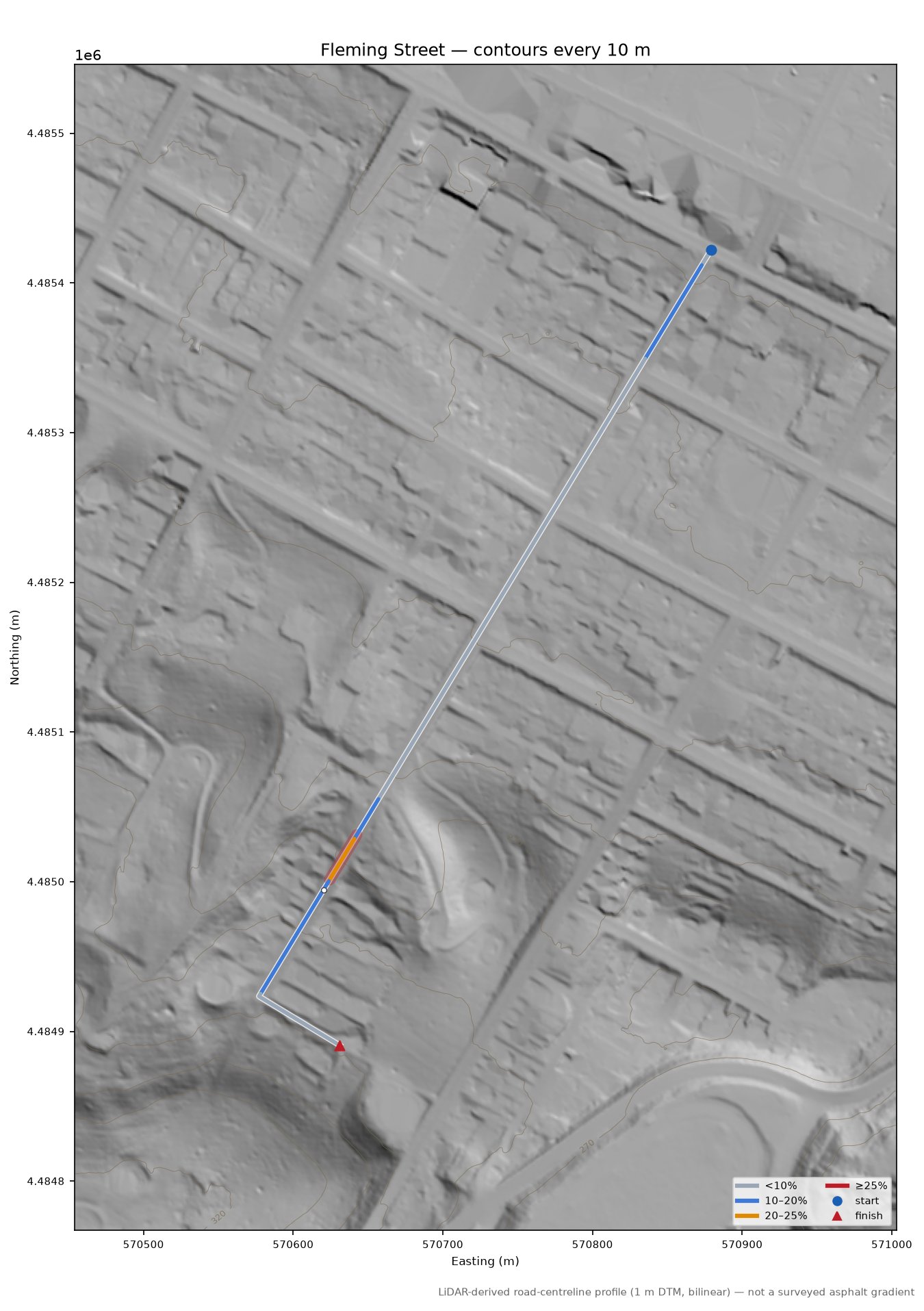 Fleming Street LiDAR hillshade map with contours