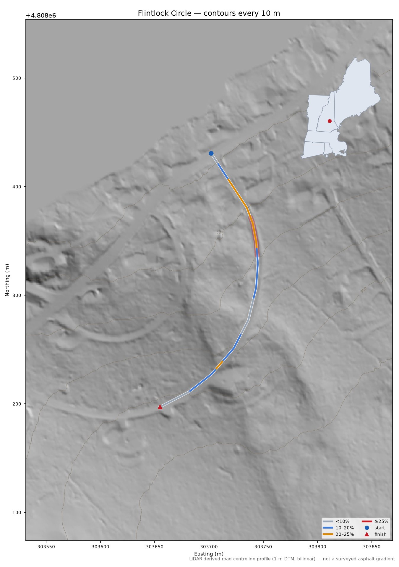 Flintlock Circle LiDAR hillshade map with contours