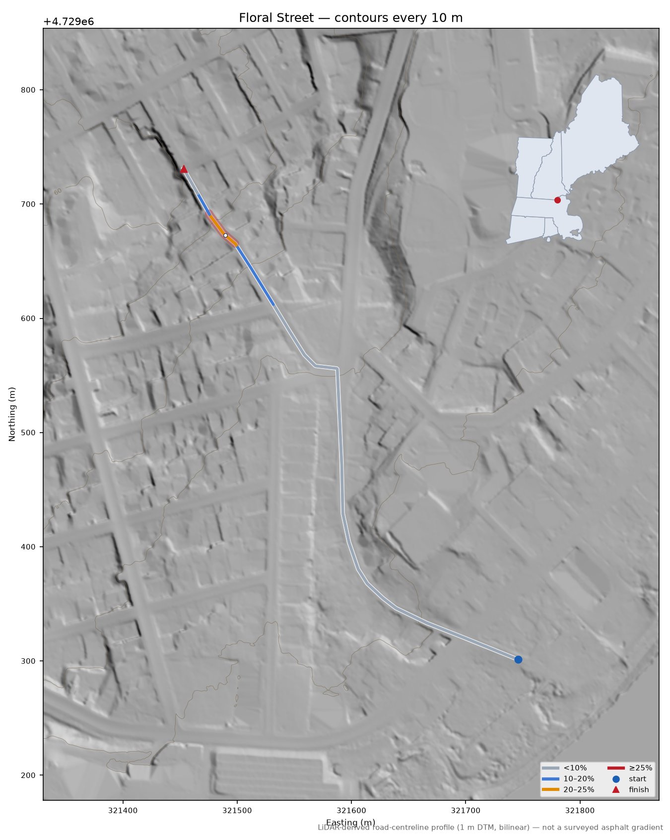 Floral Street LiDAR hillshade map with contours