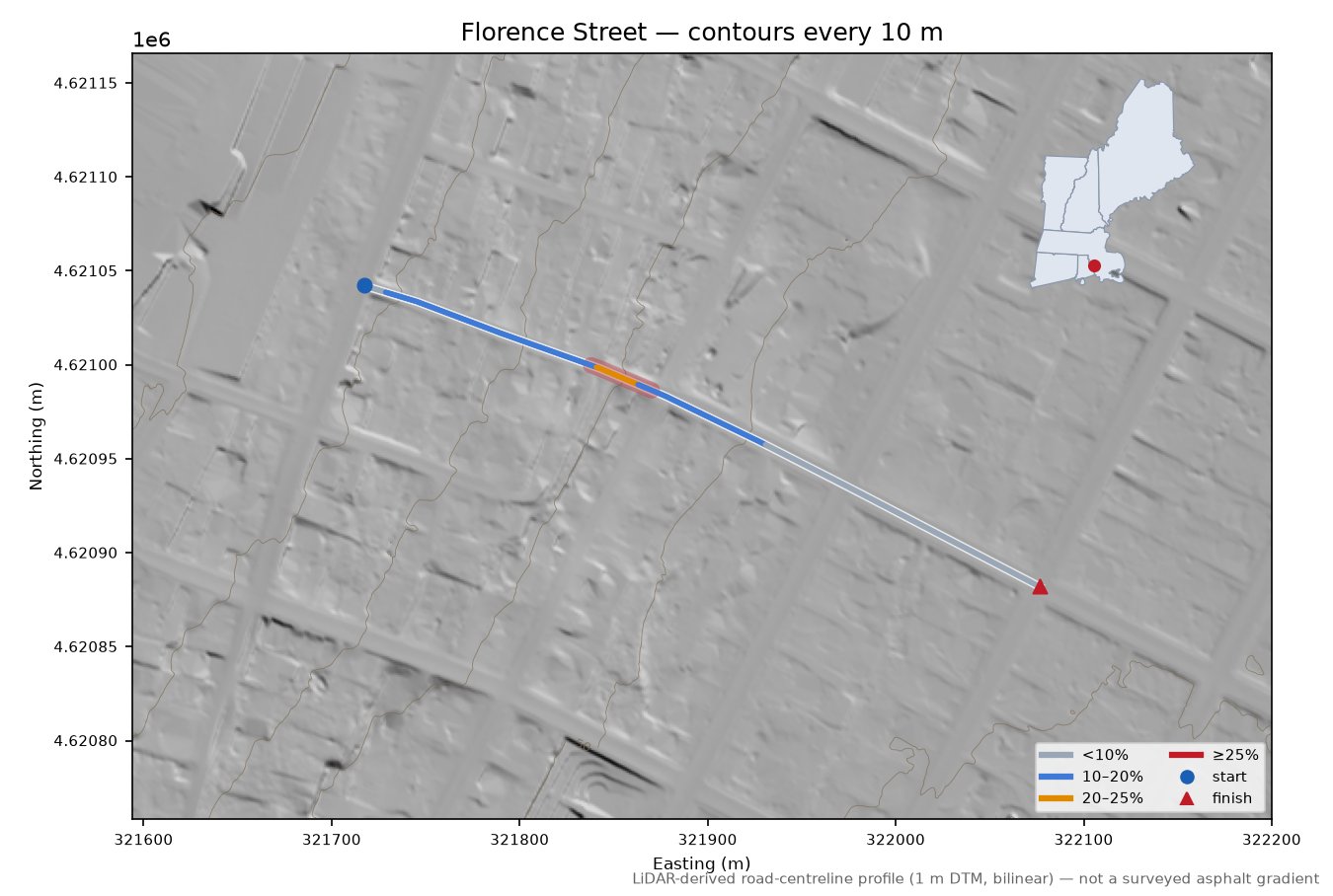 Florence Street LiDAR hillshade map with contours