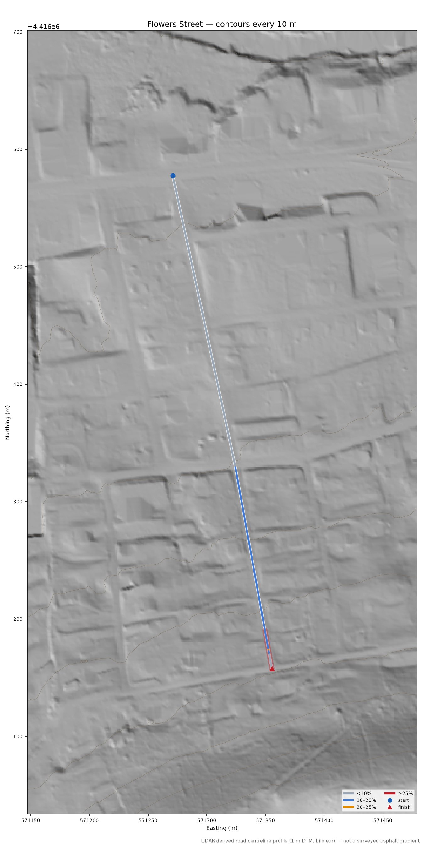 Flowers Street LiDAR hillshade map with contours