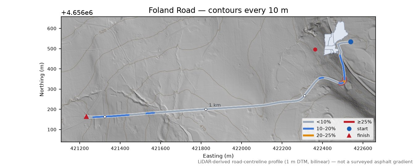 Foland Road LiDAR hillshade map with contours