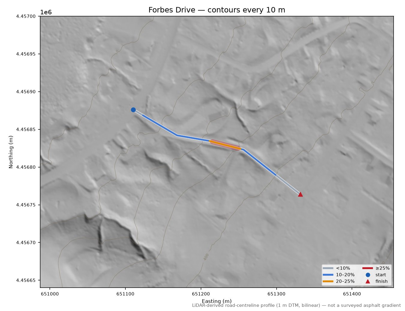 Forbes Drive LiDAR hillshade map with contours