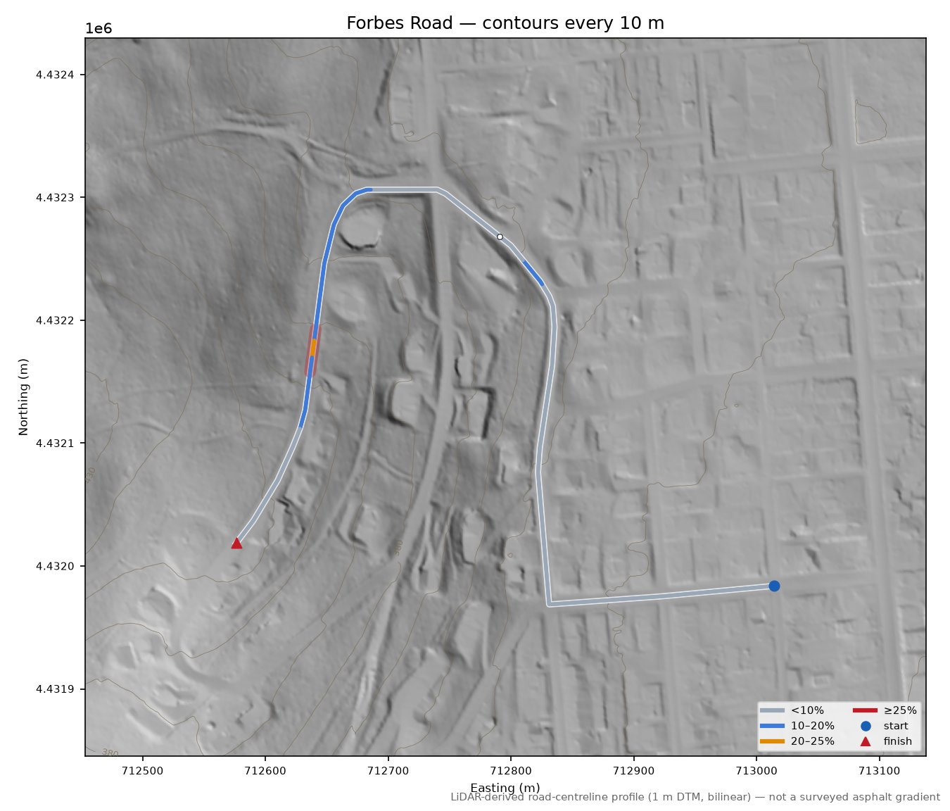 Forbes Road LiDAR hillshade map with contours