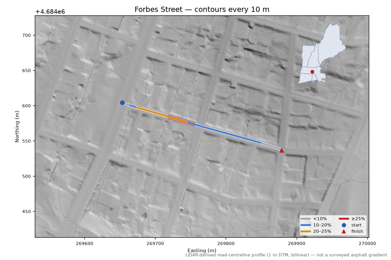 Forbes Street LiDAR hillshade map with contours