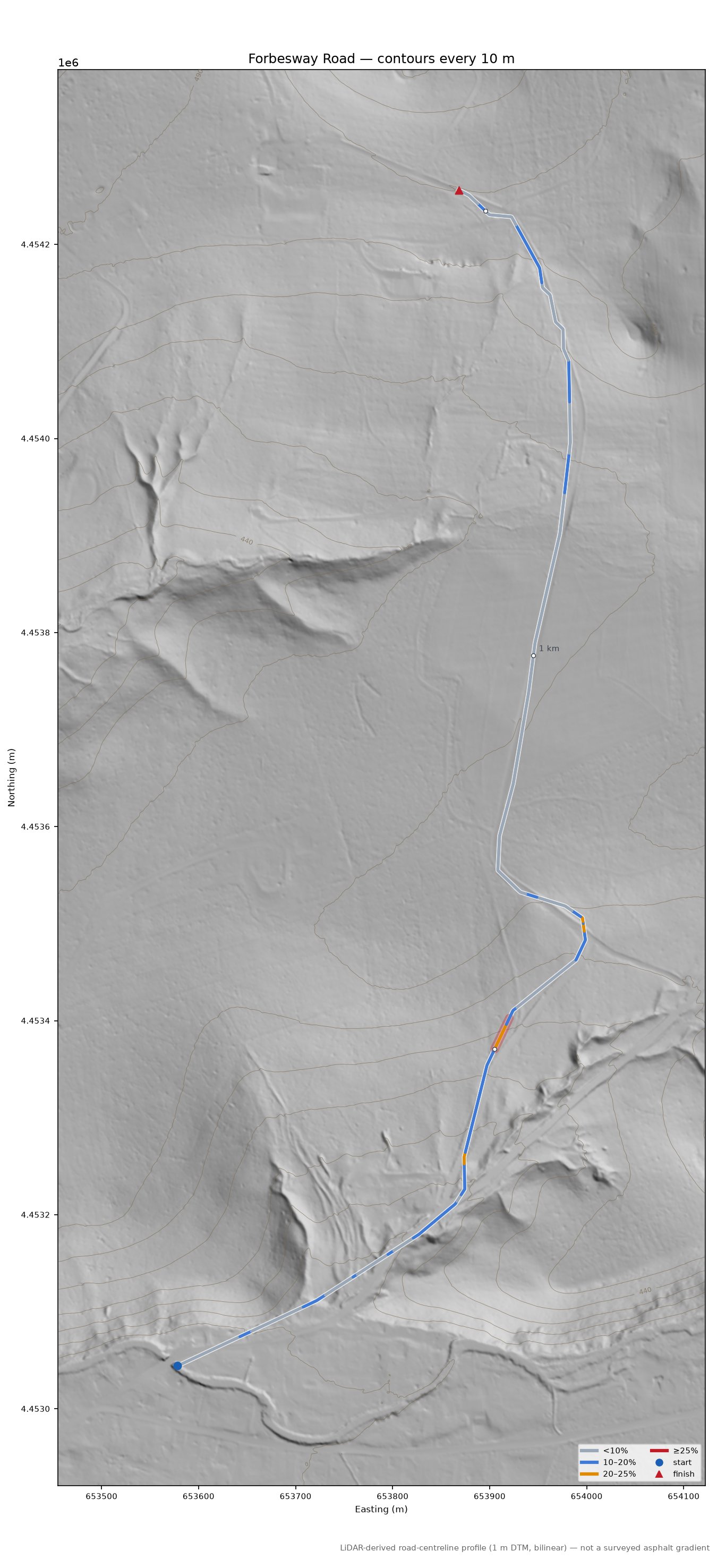 Forbesway Road LiDAR hillshade map with contours
