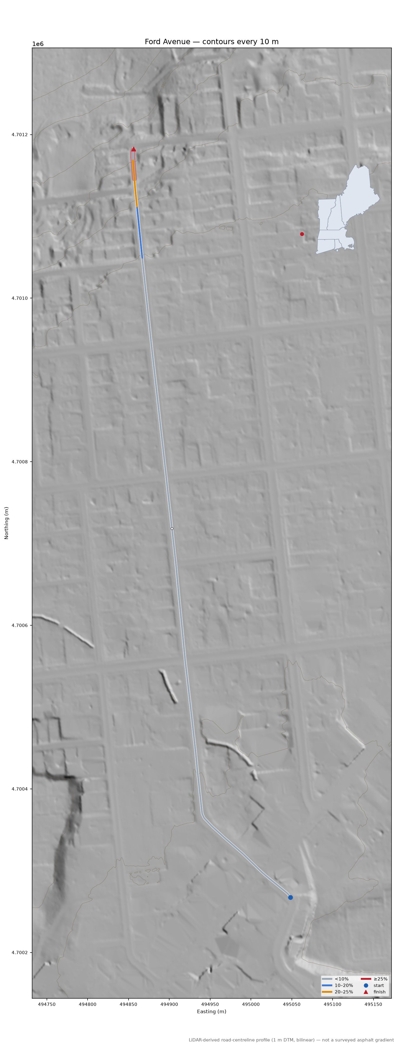 Ford Avenue LiDAR hillshade map with contours
