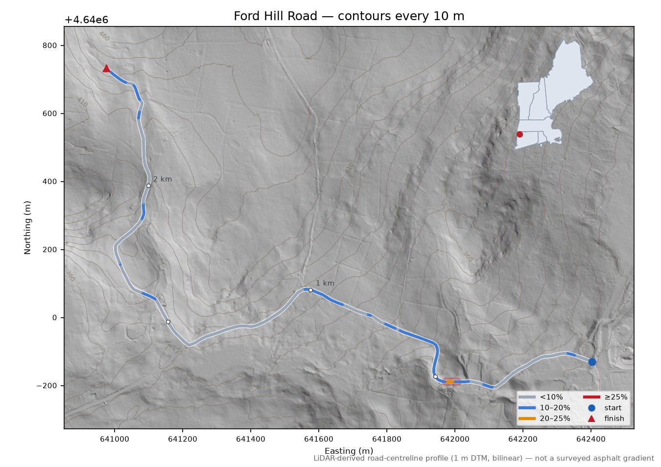 Ford Hill Road LiDAR hillshade map with contours