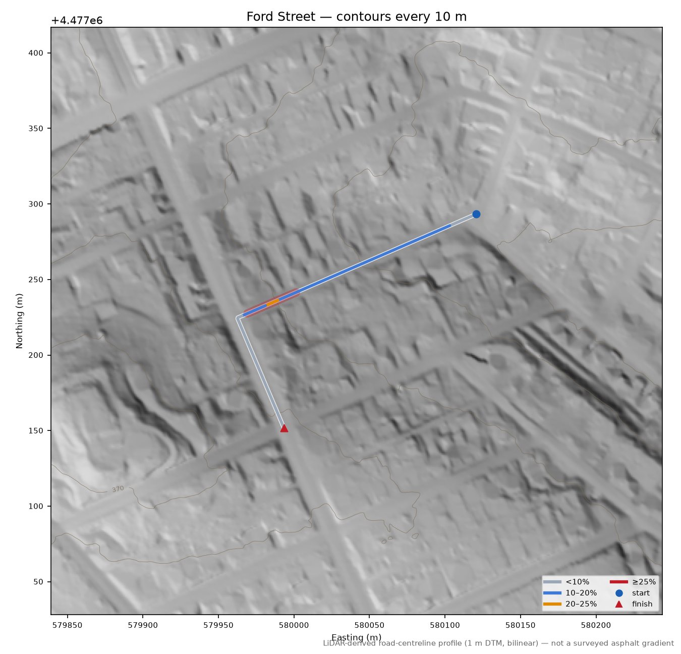 Ford Street LiDAR hillshade map with contours