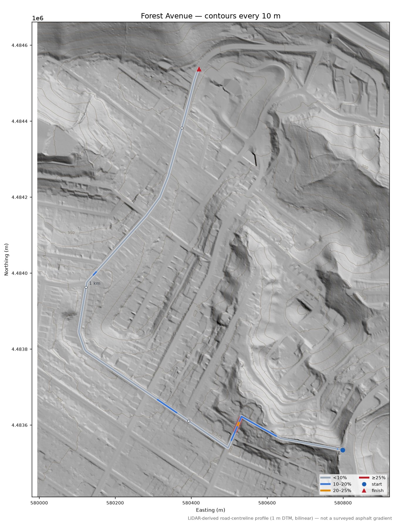 Forest Avenue LiDAR hillshade map with contours