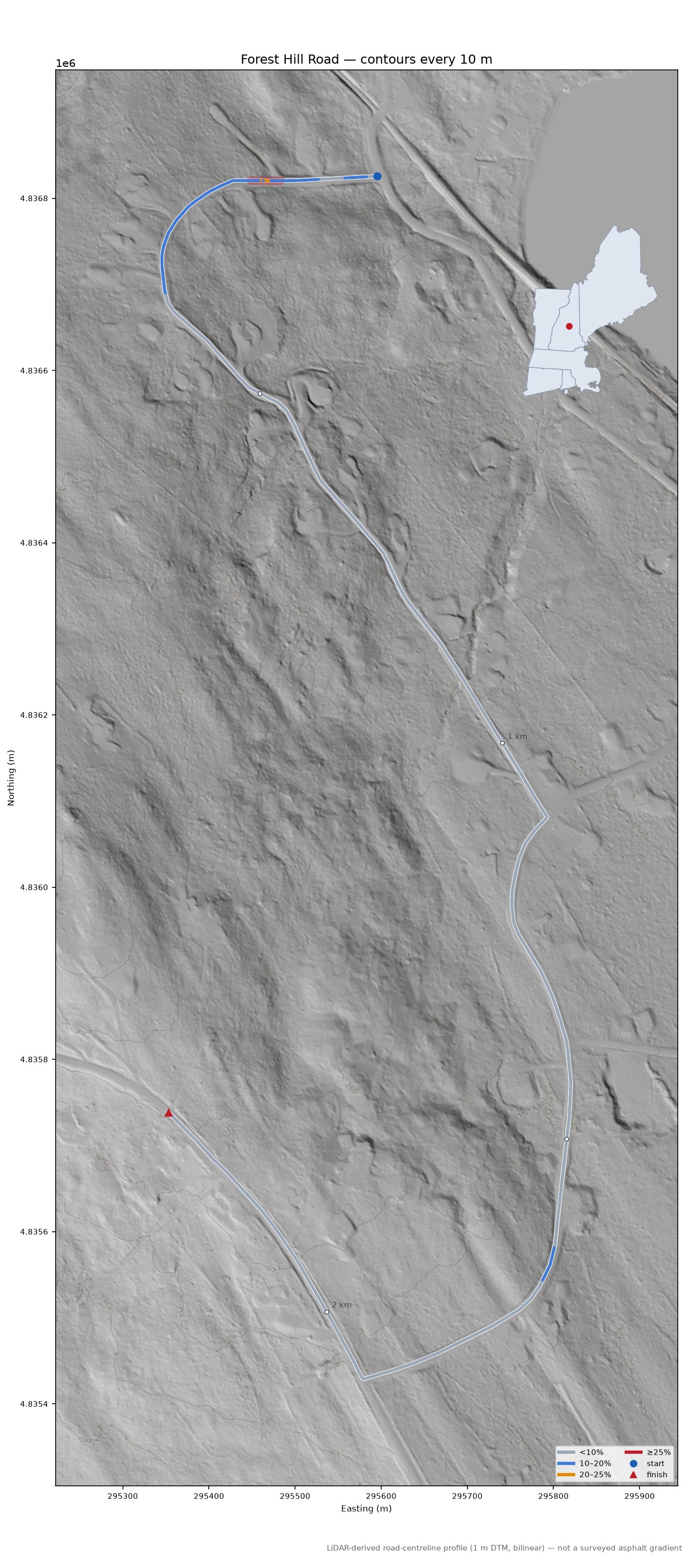 Forest Hill Road LiDAR hillshade map with contours