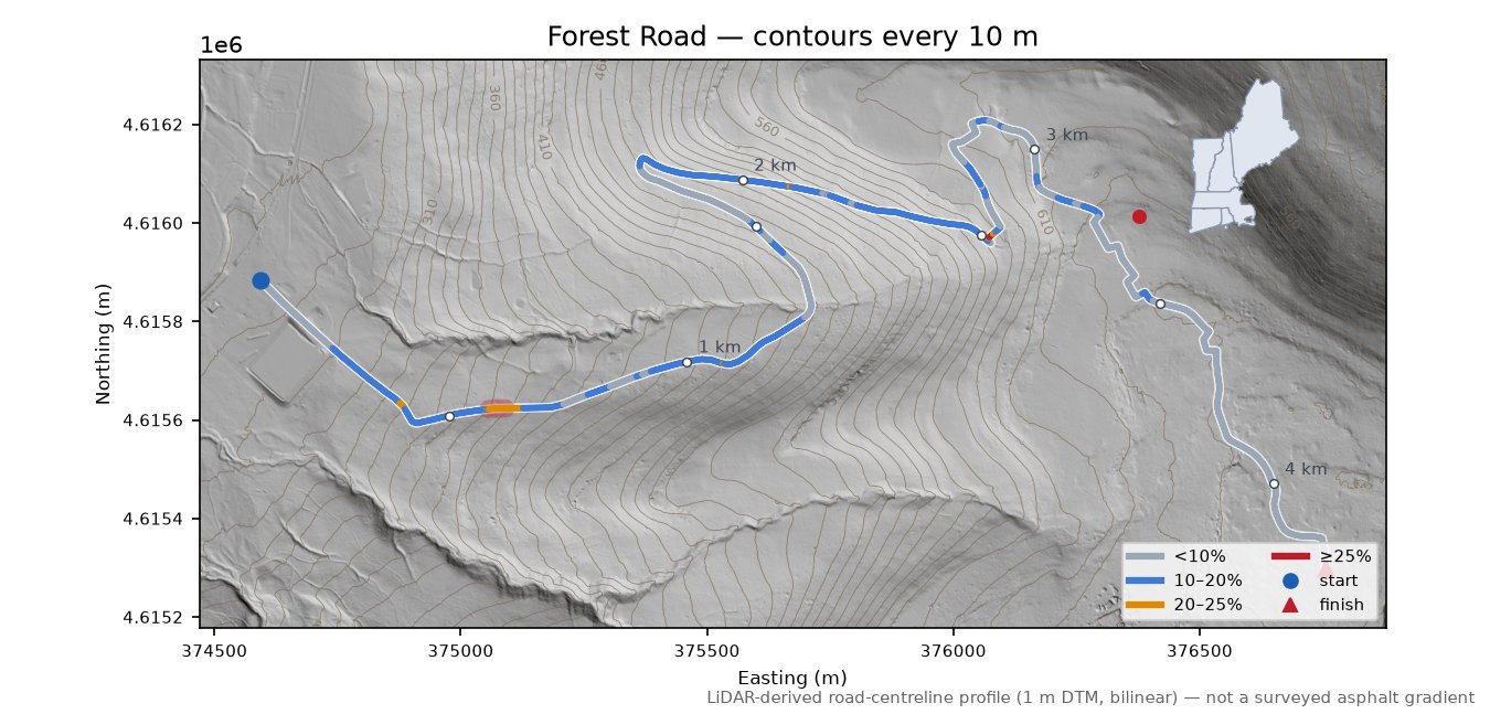 Forest Road LiDAR hillshade map with contours