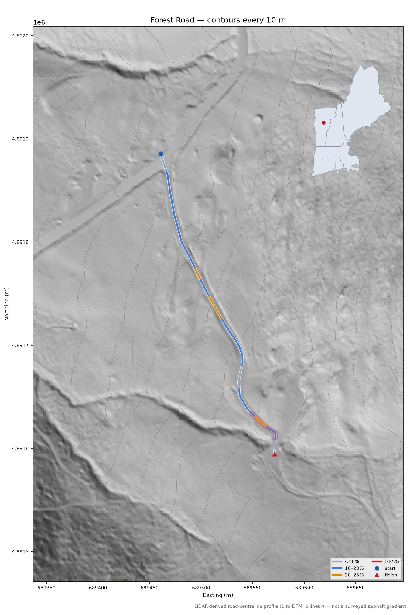 Forest Road LiDAR hillshade map with contours