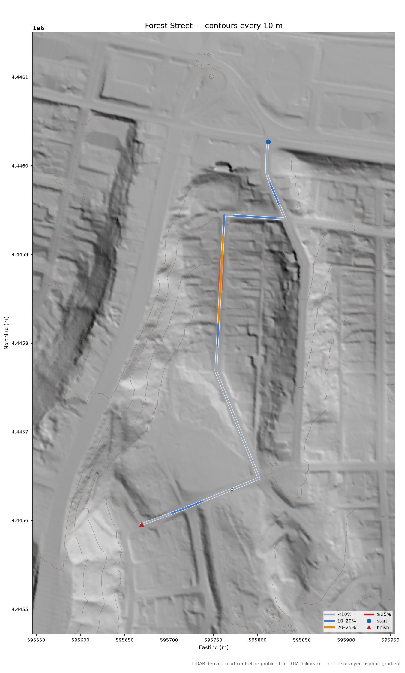 Forest Street LiDAR hillshade map with contours