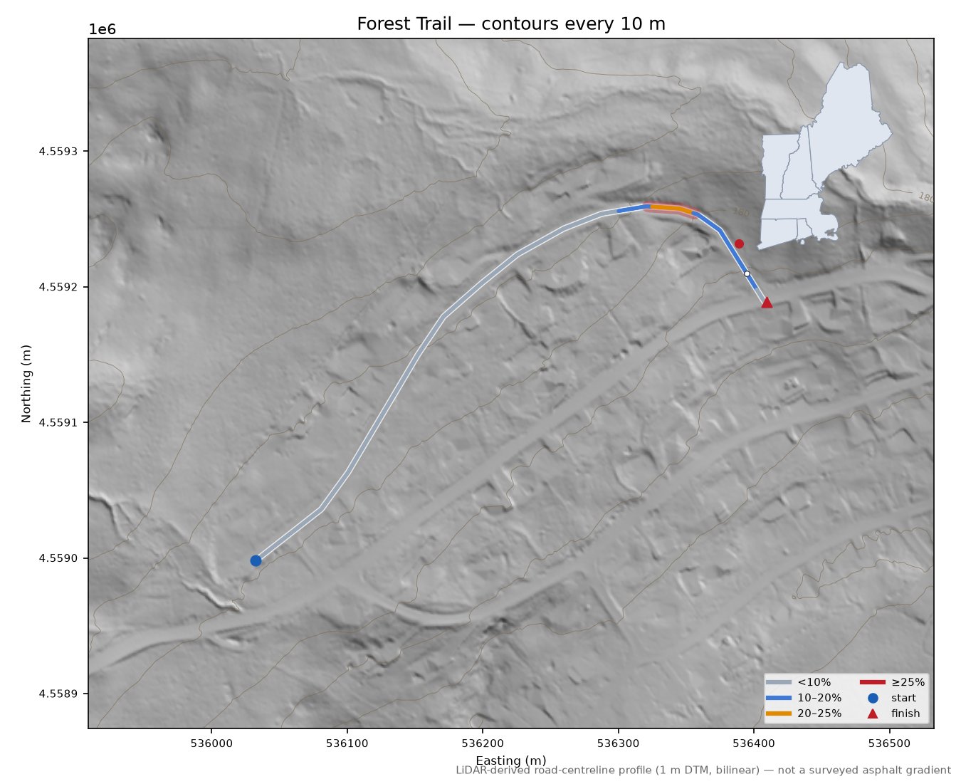 Forest Trail LiDAR hillshade map with contours