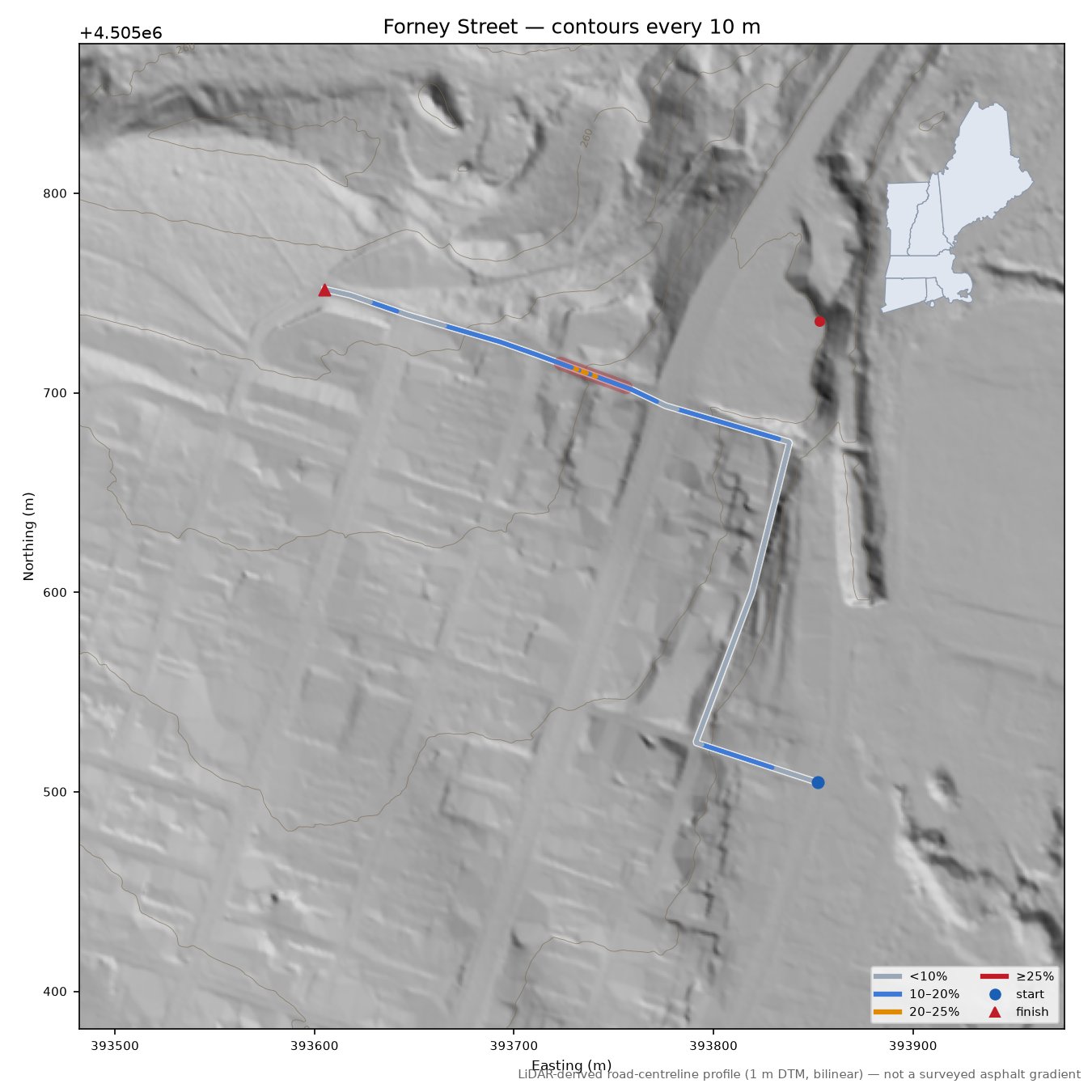 Forney Street LiDAR hillshade map with contours