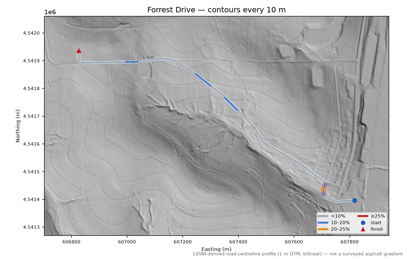 Forrest Drive LiDAR hillshade map with contours