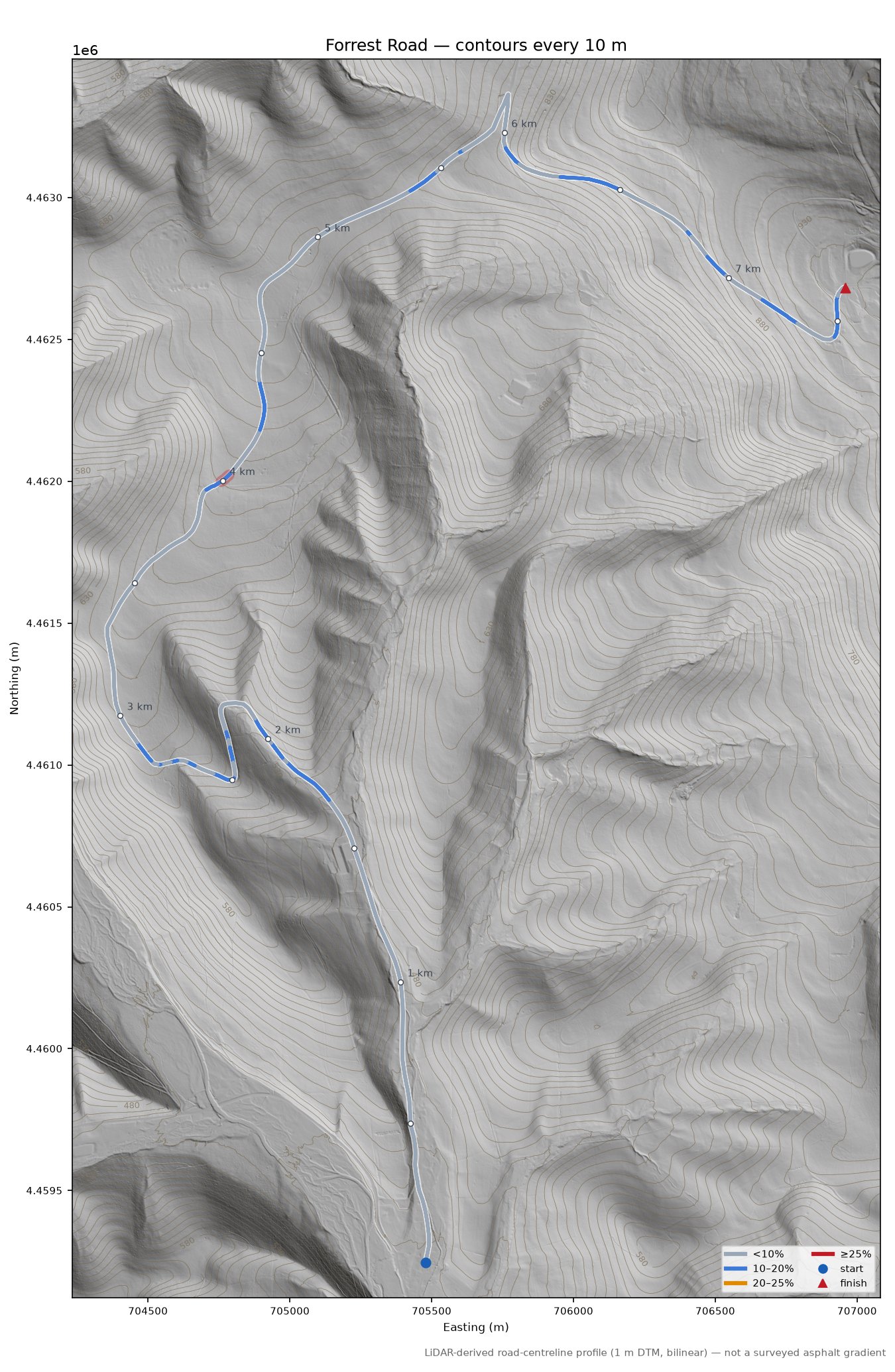 Forrest Road LiDAR hillshade map with contours