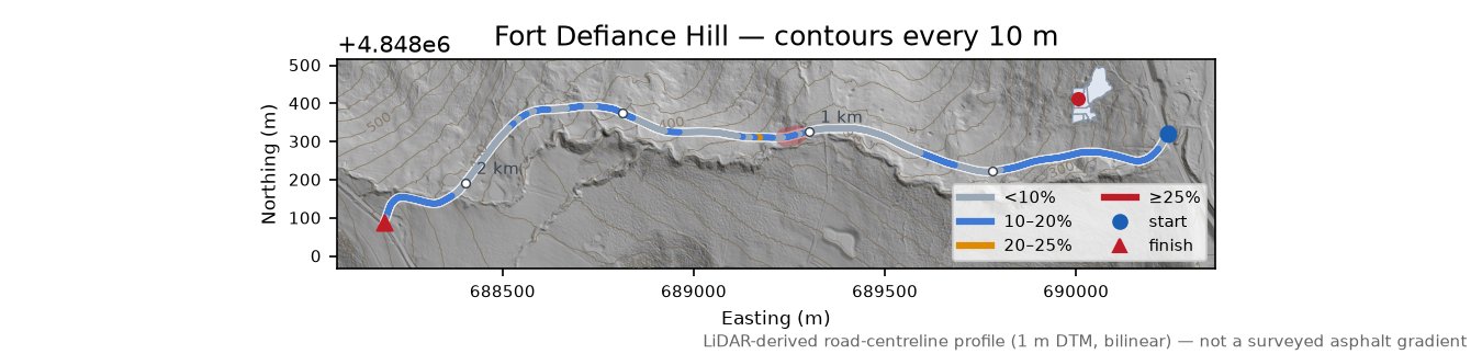 Fort Defiance Hill LiDAR hillshade map with contours