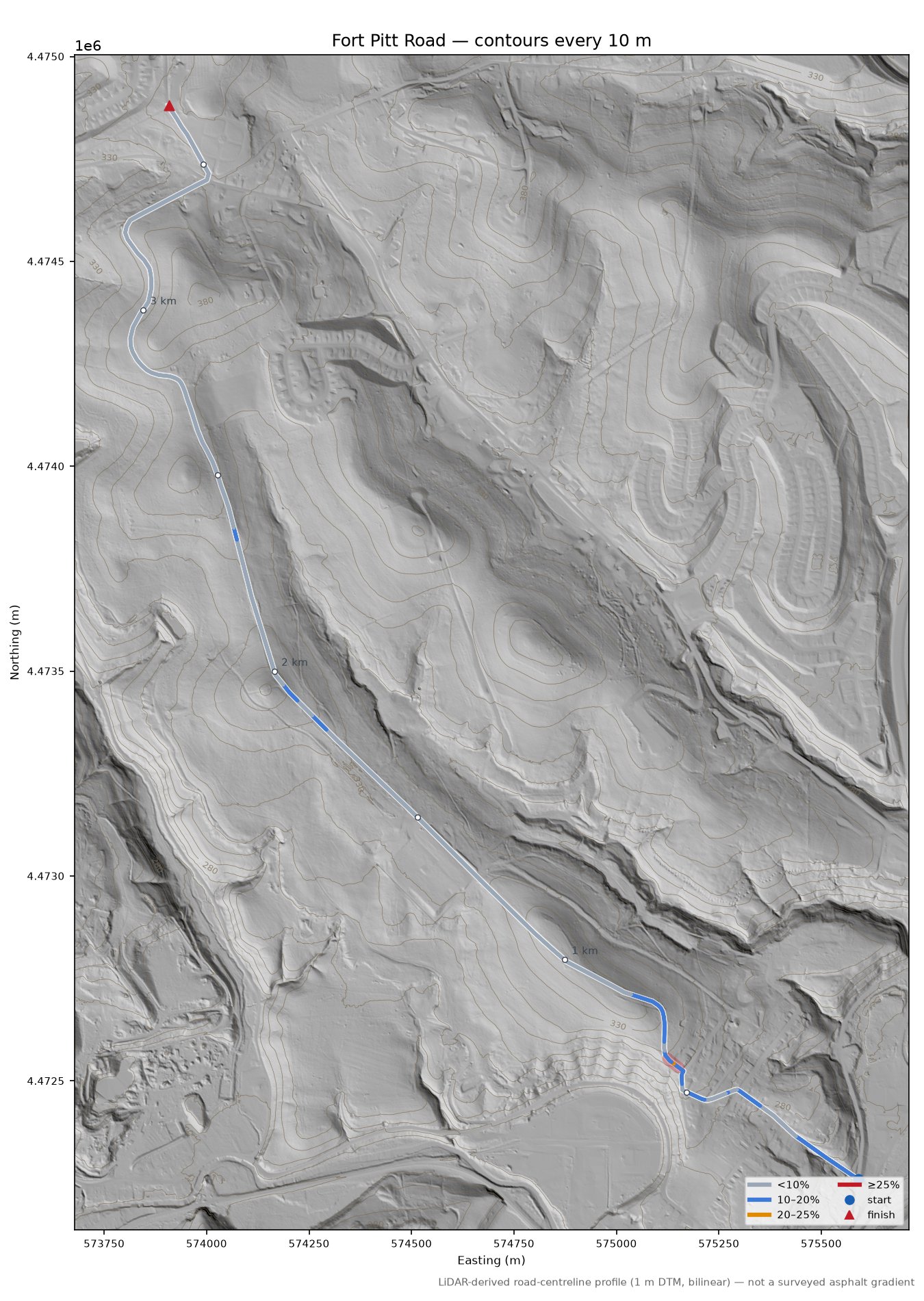 Fort Pitt Road LiDAR hillshade map with contours