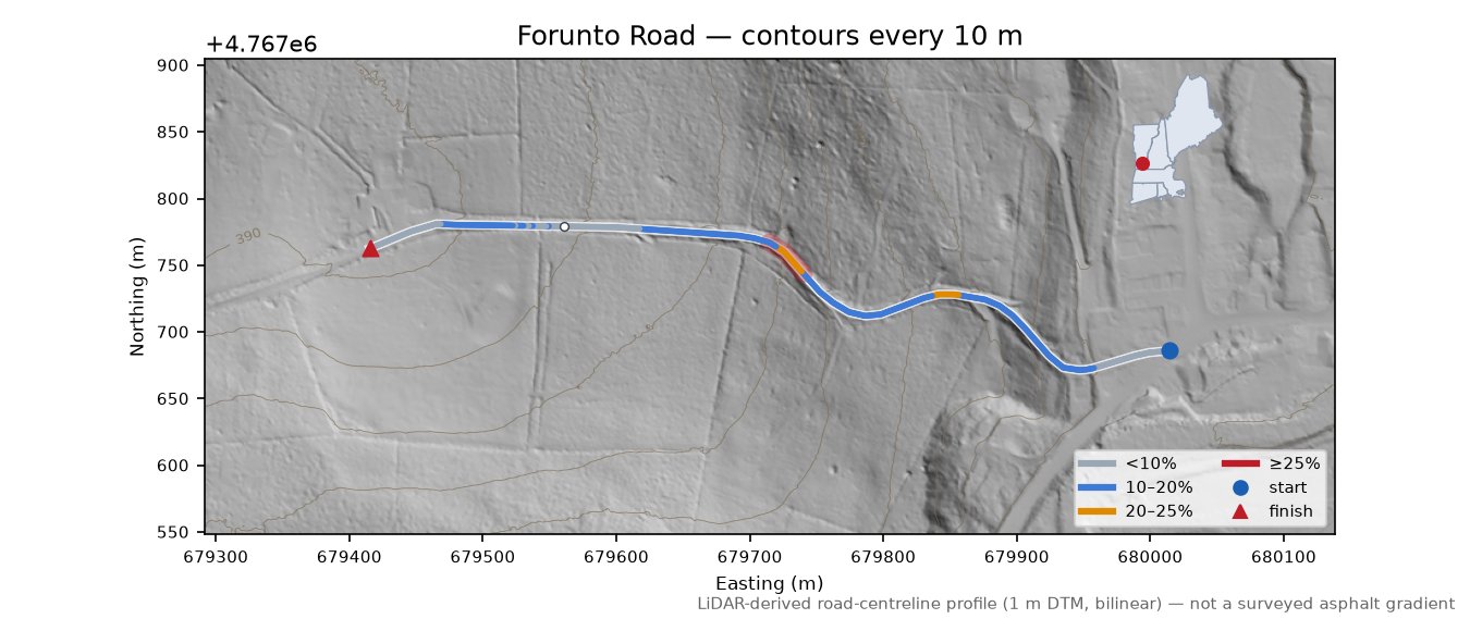 Forunto Road LiDAR hillshade map with contours