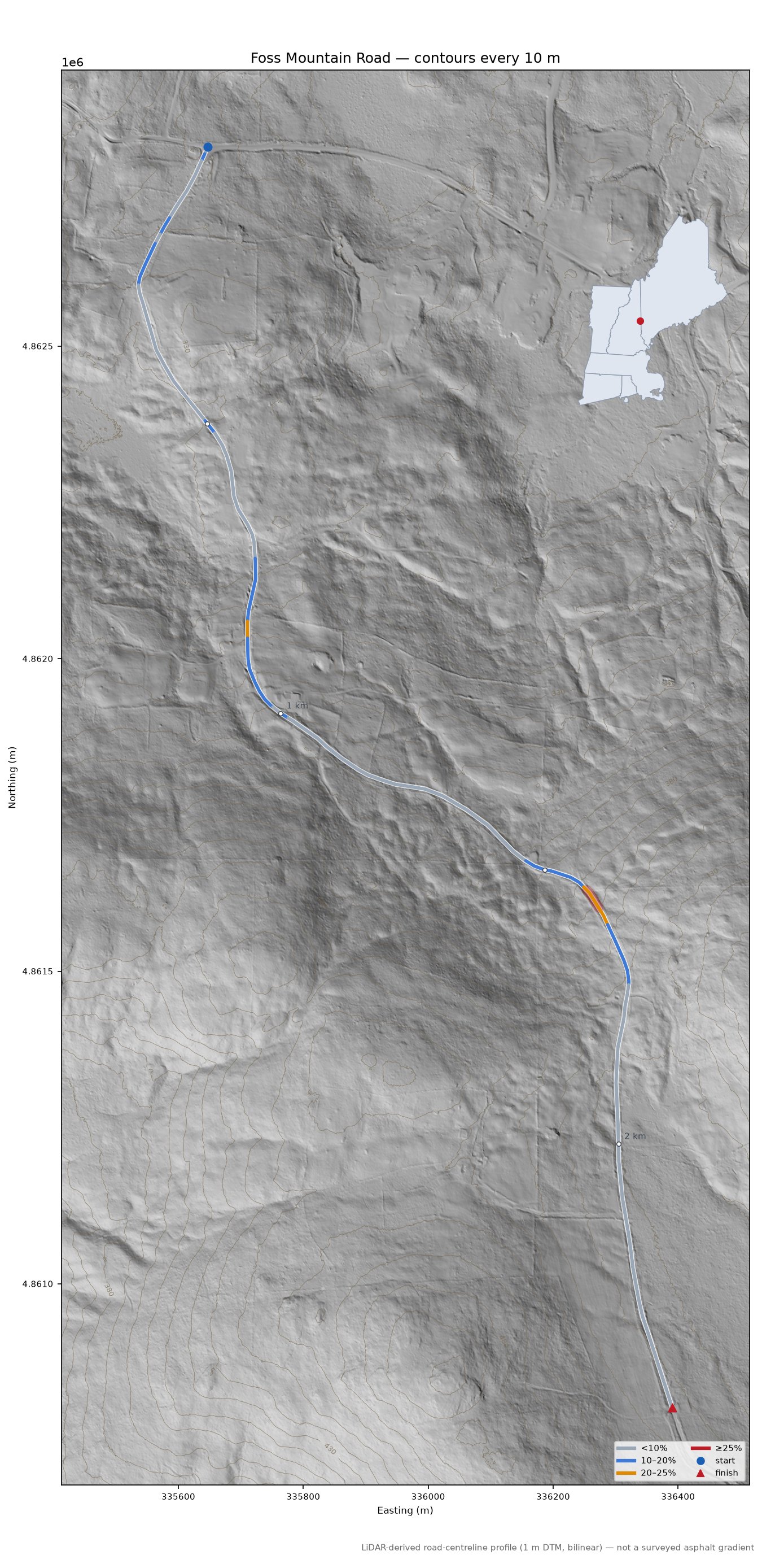 Foss Mountain Road LiDAR hillshade map with contours
