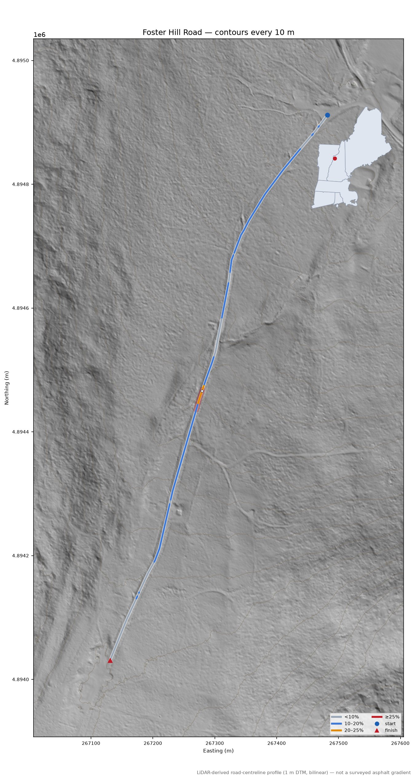 Foster Hill Road LiDAR hillshade map with contours