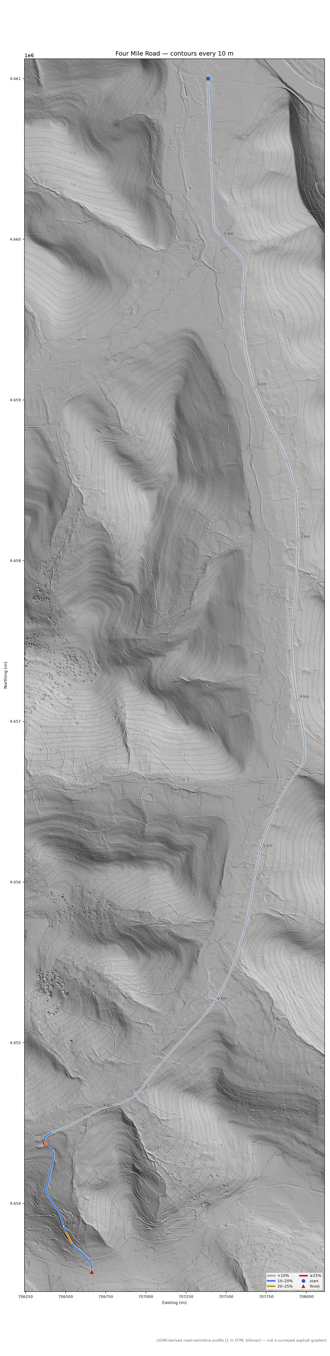 Four Mile Road LiDAR hillshade map with contours