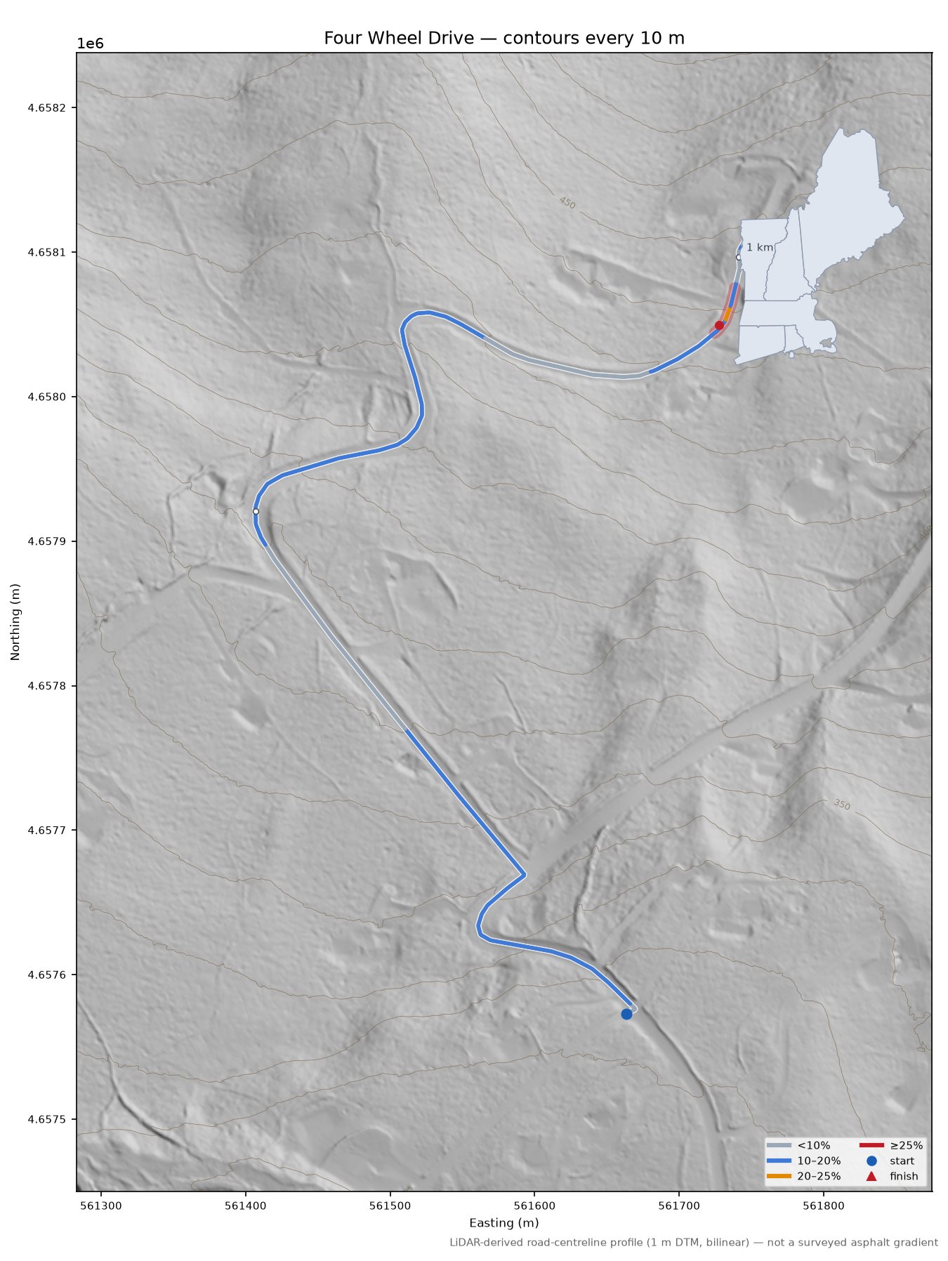Four Wheel Drive LiDAR hillshade map with contours