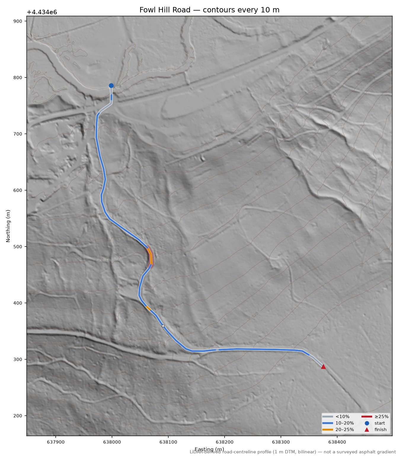 Fowl Hill Road LiDAR hillshade map with contours