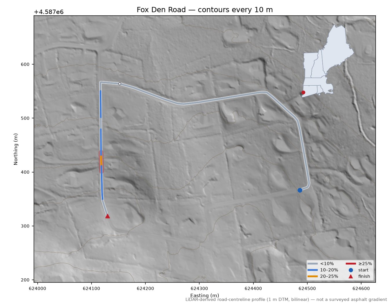 Fox Den Road LiDAR hillshade map with contours