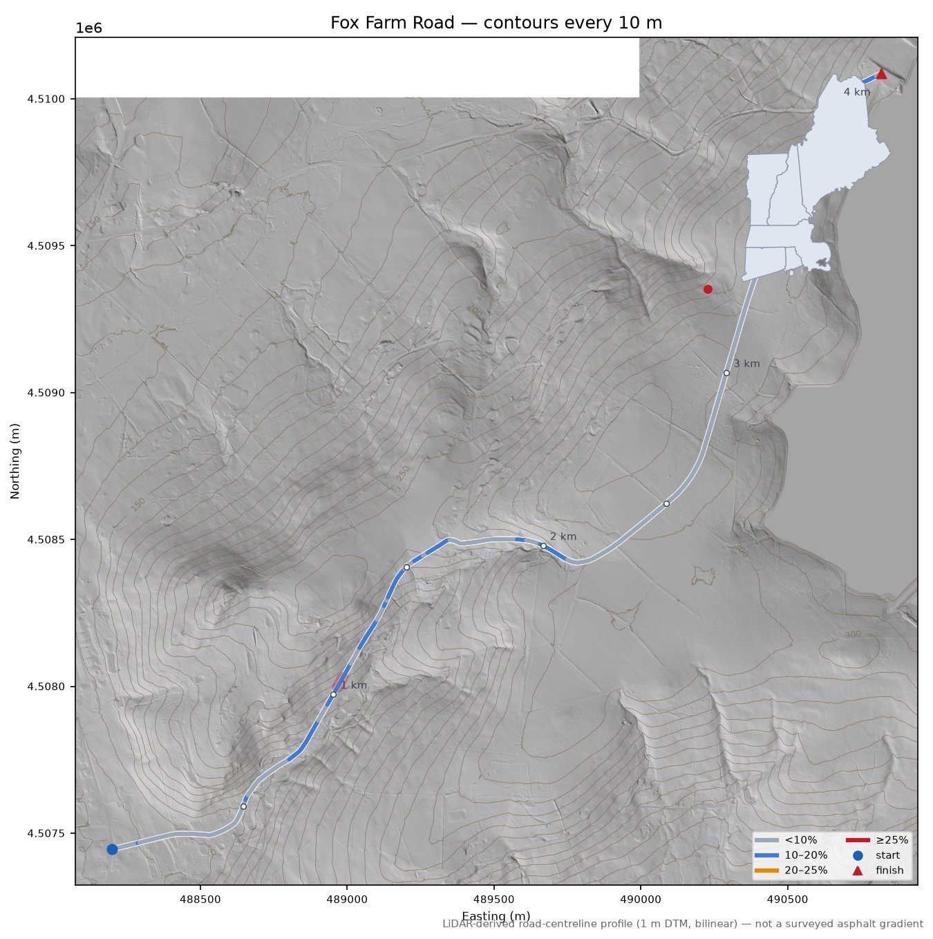 Fox Farm Road LiDAR hillshade map with contours