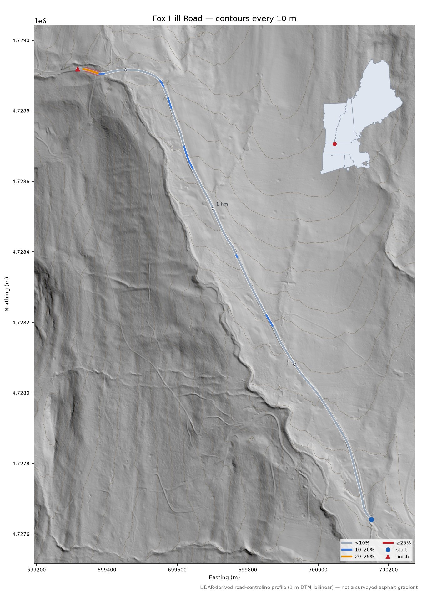Fox Hill Road LiDAR hillshade map with contours