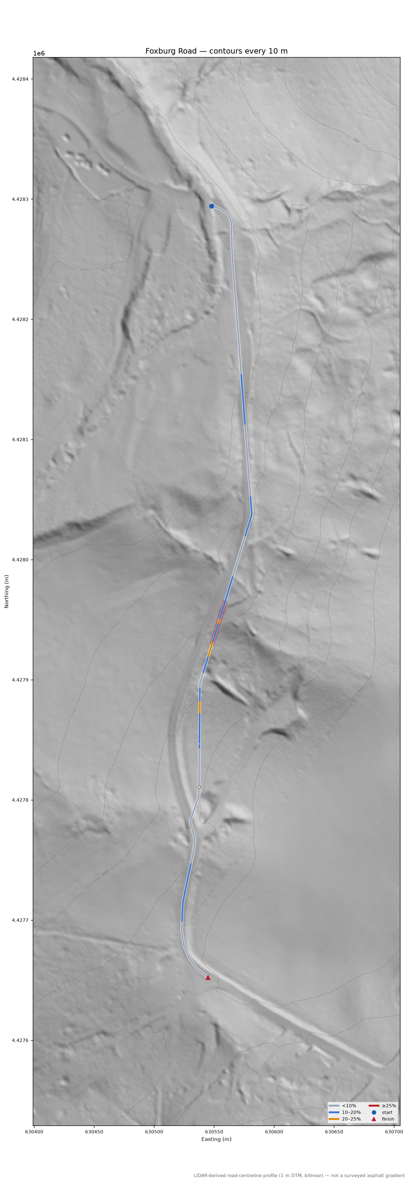 Foxburg Road LiDAR hillshade map with contours