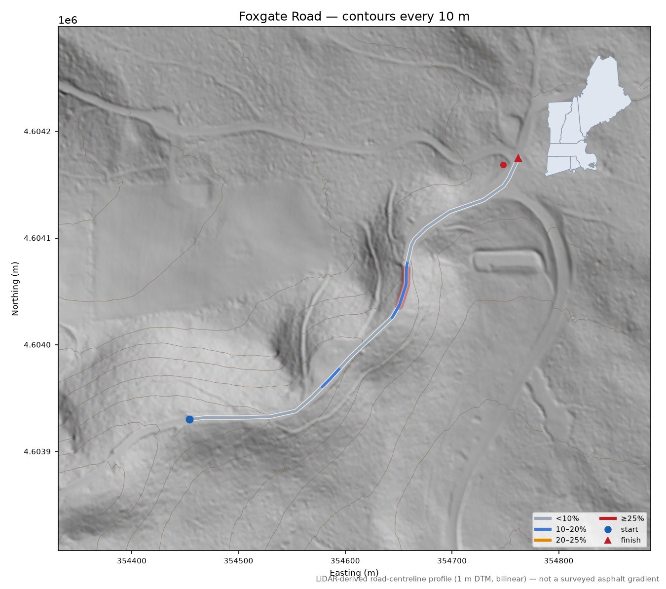 Foxgate Road LiDAR hillshade map with contours