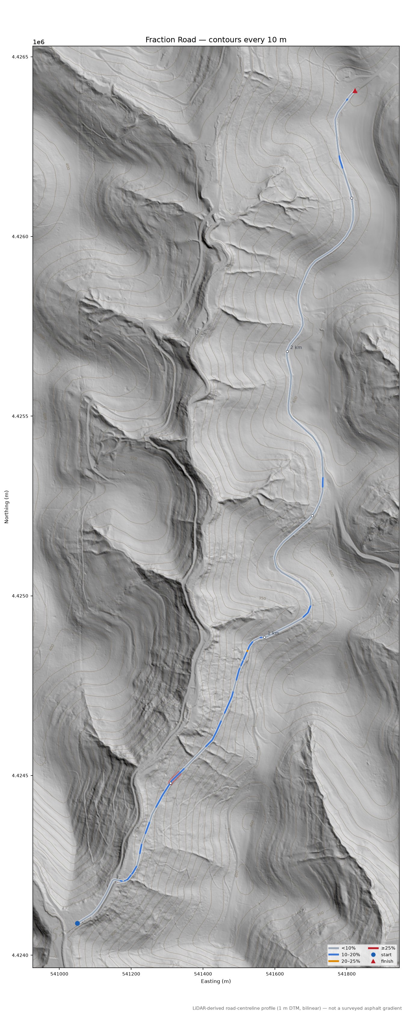 Fraction Road LiDAR hillshade map with contours